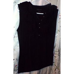 August Silk black ruffled sleeveless blouse with rhinestone buttons size L